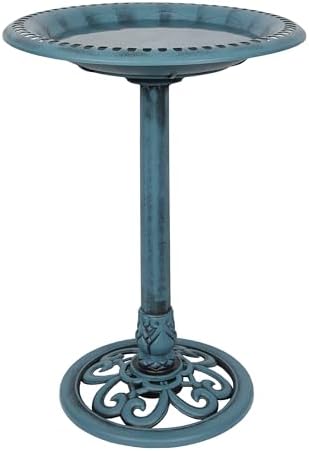 Alpine Corporation TEC116BL Pedestal Birdbath with Scrollwork Base and Ground Stakes, Décor for Lawn & Garden, 28" H, Blue by Unknown