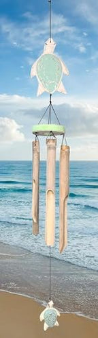 Rustic Sea Turtle Bamboo and Wood Windchimes – Outdoor Wind Chime – Distressed Finish – Whitewash & Teal Blue – Natural Beautiful Relaxing Sound - Image 7