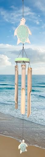 Rustic Sea Turtle Bamboo and Wood Windchimes – Outdoor Wind Chime – Distressed Finish – Whitewash & Teal Blue – Natural Beautiful Relaxing Sound - Image 7