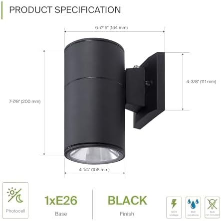 ASD 1 Light Dusk to Dawn Cylinder Outdoor Sconce Lights, E26 Base 2 Pack - Image 2