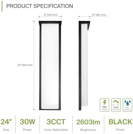 ASD LED 24" Outdoor Wall Light, Front Door House Sconce | 3CCT, Dimmable, Waterproof, ETL Listed | 30W 2600LM 3000-5000K 100-277V | Exterior Patio Lighting Fixture, Porch Lamp | Black, 4 Pack - Image 2