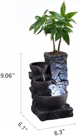 MAOCHI Indoor Tabletop Water Fountain with Planter Pot, Small Desk Waterfall with Cool LED Lights, Zen Decor for Office, Home & Bedroom, Calming Meditation Relaxation Gifts for Plant Lovers - Image 2
