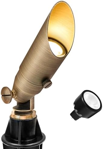 GKOLED Low Voltage Solid Brass LED Spotlight with MR8 Bulb, Outdoor Waterproof Landscape Lighting, Adjustable Uplights with Stake for House Garden Trees Lawn Patio Yard Fence, 3W 12V 180LM 2700K by GKOLED
