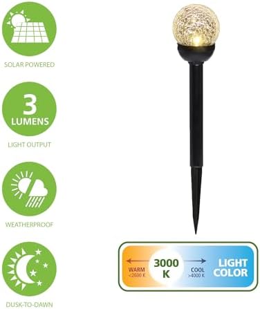 Solar Powered Black LED Landscape Crackle Glass Ball Path Lights 3 Lumens, Weatherproof Outdoor Lighting (6-Pack) - Image 5
