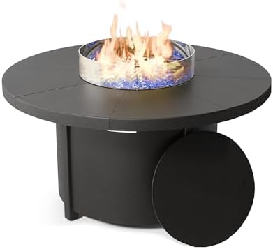 48" Round Propane Fire Pit Table with Lid, 40,000 BTU Outdoor Gas Fire Pits CSA Certified for Outside Steel Tabletop Fire Pit with Blue Glass Rock&Windshield Glass for for Patio, Balcony,Garden by Halmuz