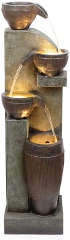 Alpine Corporation 40” Tall Indoor/Outdoor 4-Tier Fountain with LED Lights, Cascading Pot and Bowl Water Feature, Elegant Waterfall for Garden, Patio & Home, Brown by Unknown