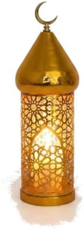 Sturdy Metal Construction Gold-Plated Lantern for Hanging or Tabletop Display, Decorative Candle Holder with Moroccan Cutouts for Indoor and Patio Ambiance by Unknown