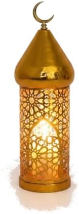 Sturdy Metal Construction Gold-Plated Lantern for Hanging or Tabletop Display, Decorative Candle Holder with Moroccan Cutouts for Indoor and Patio Ambiance by Unknown