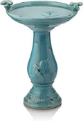 Alpine Corporation 25" Tall Outdoor Ceramic Antique Pedestal Birdbath with 2 Bird Figurines, Turquoise by Unknown