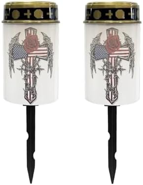 Poceacles Cross Solar Lights Outdoor Waterproof LED Flameless Candle Cemetery Solar Decorative Lights Walkway Lights Landscape Lighting for Outdoor Decor, Rose American Flag Wings Cross, Pack of 2 by Poceacles
