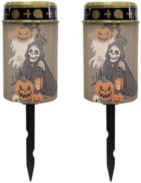 Poceacles Solar Lights Outdoor Grave Candle for Cemetery Decoration Solar Outdoor Lights for Garden Lawn Backyard Pathway Halloween Decor, Pumpkin Skull Brown, Pack of 2 by Poceacles