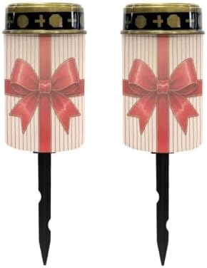 Poceacles Holiday Cemetery Candle Grave Lights Outdoor Waterproof Decoration Pathway Lights Garden Solar Candle for Christmas Holiday Party Decor, Red Bow Stripes, 2 Pack by Poceacles