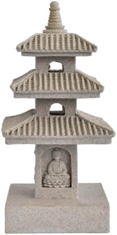 Pagoda Garden Statue, 10 Inch Weatherproof Solar Garden Decor, LED Light Zen Japanese Lantern for Backyard Balcony Patio Lawn Yard, Khaki, Décoration de Jardin - Image 2