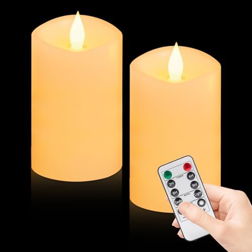 2 Pcs, Battery-Powered 3×5 Inch Ivory LED Pillar Candles, Realistic Flickering Flameless Candles with Timer, for Weddings, Holidays & Indoor/Outdoor Decor by WOOCODOWE