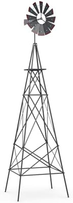 Goplus 8 ft Ornamental Windmill, All-Weather Metal Wind Mill w/ 4 Support Legs, Decorative Weathervane for Backyard, Garden, Farm, 4 Ground Stakes Included (Gray) by Goplus