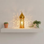 Sturdy Metal Construction Gold-Plated Lantern for Hanging or Tabletop Display, Decorative Candle Holder with Moroccan Cutouts for Indoor and Patio Ambiance - Image 2