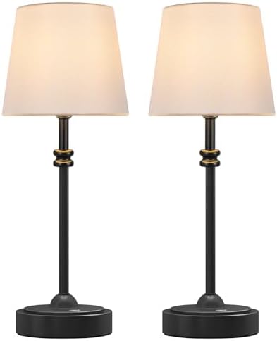 ONEWISH Cordless Table Lamps Set of 2 - Battery Powered Lamp, 4000mAh Rechargeable, Stepless Dimmable, Wireless Lamp with Fabric Shade, Warm Ambient Light for Bedside, Dining, Patio, Bathroom(Black) by onewish