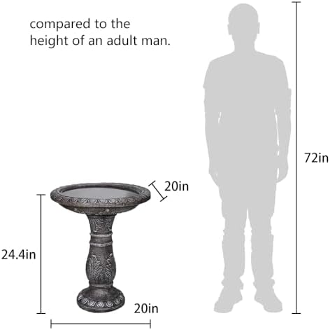 24.4" H Cement Bird Bath for Garden- Fibre Reinforced Concrete Bird Baths for Outdoors, Large Size Vintage Carved Pedestal Birdbath for Patio, Yard, Lawn -20”Dia. X 24.4”H Bird Fountain - Image 5