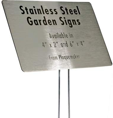 Stainless Steel Garden Sign. 4 x 2" rounded sign with a 10" stake. Great as a Garden Memorial or Plant Label (Stainless Steel, 4 x 2") by PlaqueMaker