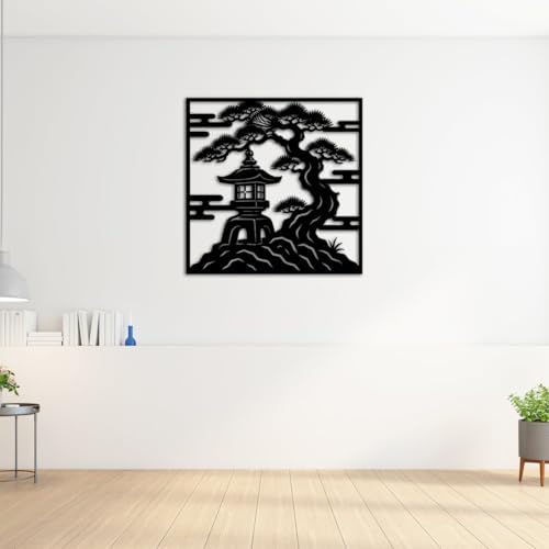 Japanese Pagoda and Bonsai Tree Metal Wall Art Metal Outdoor Decor Metal Signs Elegant Minimalist Aesthetic Home Decor Stunning Zen Garden Decoration for Living Room Bedroom Patio (Black,16inch) - Image 3