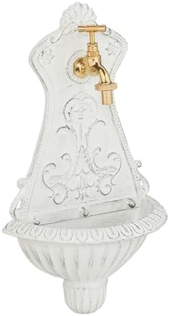 Relaxdays Wall Fountain, Antique Design, Basin & Tap, Water, for Garden & Patio, 42 x 24.5 x 11.5 cm, Cast Iron, White, Brass by Relaxdays