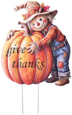 Metal Thanksgiving Garden Stake, Fall Harvest Scarecrow with Pumpkin Yard Sign, Give Thanks Outdoor Lawn Patio Decor, (21.4 * 13 * 0.6in) by DuoKeLiu