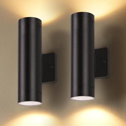 LUTEC Dusk to Dawn Outdoor Wall Lights, 16W Integrated LED Cylinder Up-Down Sconce, 3000K Waterproof Aluminum Exterior Lighting, Matte Black Modern Porch and Entryway Wall Light Fixture, 2 Pack by LUTEC