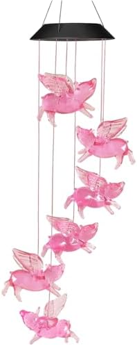 Flying Pig Wind Chime, Solar 6-Led, Black Shell, 31.5 In / 80 Cm Outdoor Mobile Decor, Color Changing Light, Pet Lover Gift by Unknown