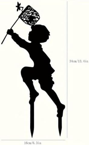 Vintage Metal Garden Stake - Rustic Outdoor Decor with Boy Catching Butterfly Design, Durable Freestanding Yard Art for New Year’s & Holiday Enhancements - 34cm x 16cm(Black) - Image 3