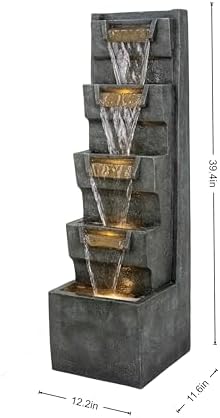39'' H Outdoor 5-Tiered Water Fountain with LED Lights, Outdoor Stone-Look Cascading Fountains, Landscaping Fountain for Garden, Patio, Deck, Porch, Balcony, Backyard and Home Decor, Grey - Image 2