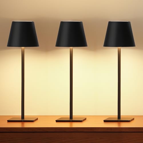 UME 3 Pack Cordless Table Lamp, Battery Operated Lamp - Portable Waterproof Rechargeable Table Lamp w/ 3 Color Temps & Stepless Dimming for Dinner, Desk, Cafe, Outdoor (Black) by UME