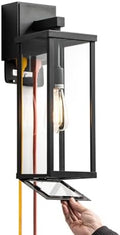 mirrea 18" Classic Outdoor Wall Sconce with Built-in GFCI Outlet 1 Light in Matte Black Rectangular Metal Frame and Clear Glass Shade Waterproof Porch Light Patio Light by mirrea