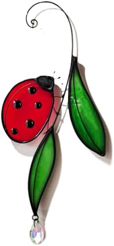 Handmade Real Stained Glass Ladybug Suncatcher, Red Ladybug on Green Leaves ，Window Hanging or Wall Hanging Art Decor,Crystal Bead Accent, Nature-Inspired Home Decor, Indoor & Outdoor Garden Ornament by Holliveey