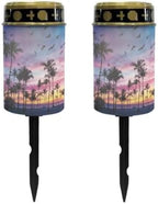 Poceacles Solar Lights Outdoor Solar Powered Outdoor Cemetery Stake Candle Grave Lamp Landscape Lighting Waterproof Grave Flameless Candle, Palm Tree Beach Sunset Pattern Violet Blue, Pack of 2 by Poceacles
