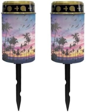 Poceacles Solar Lights Outdoor Solar Powered Outdoor Cemetery Stake Candle Grave Lamp Landscape Lighting Waterproof Grave Flameless Candle, Palm Tree Beach Sunset Pattern Violet Blue, Pack of 2 by Poceacles
