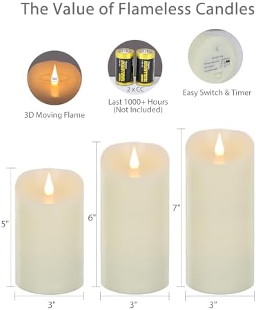 TECHLONG Flameless Candles Flickering 3D Moving Flame, Last 1000+ Hours Battery Operated Candles with Remote Timer, Set of 3 Ivory Real Wax Electric LED Pillar Candles for Home Wedding Decoration - Image 2