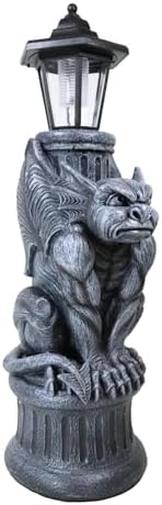 Ebros Faux Stone Gothic Crouching Winged Gargoyle Statue with Solar LED Lantern Light Post 20" Tall Decor Figurine - Image 5