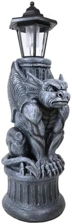 Ebros Faux Stone Gothic Crouching Winged Gargoyle Statue with Solar LED Lantern Light Post 20" Tall Decor Figurine - Image 5