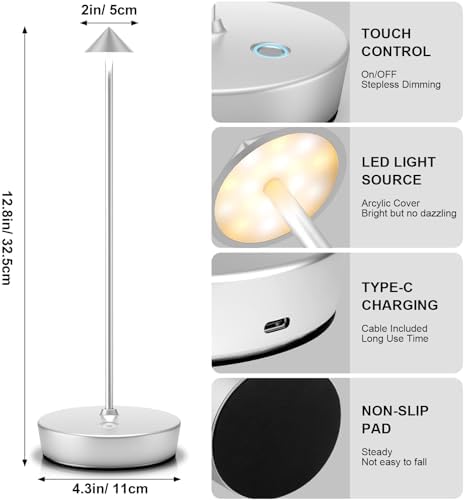 2Pack Rechargeable Cordless Table Lamp, Portable Powered LED Battery 6000mAh Metal USB Desk Lamp, 3 Levels Brightness Light for Restaurants Outdoor (2pack Silver) - Image 6