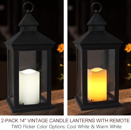 2-Pack 14" Candle Lanterns Outdoor Waterproof Decorative Lights with Timer Remote -Cool White Vintage Lantern Outdoor Decor - Image 2