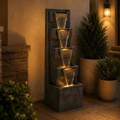 Outdoor Water Fountain, 39 Inch Resin Tiered Waterfall Fountain with Warm LED Lights and Plug-in Pump, Freestanding Cascading Water Feature for Patios, Gardens and Outdoor Living Spaces - Image 6