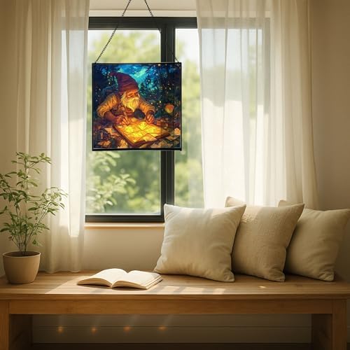 Gnome Lantern Maker Stained Glass Suncatcher – Square Hanging Window Panel for Home or Greenhouse – Whimsical Glass Art Gift for Garden Lovers, Christmas, Halloween, Father Days uAB6Sj - Image 7