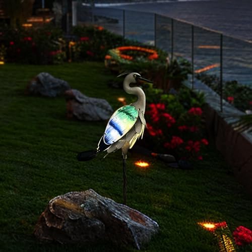 HONGLAND Solar Metal Crane Statue Garden Heron Sculpture, Glass Outdoor Heron Yard Art Coastal Ocean Bird Decor Lawn Ornament for Backyard Porch Patio Decor（24 Inch） - Image 4