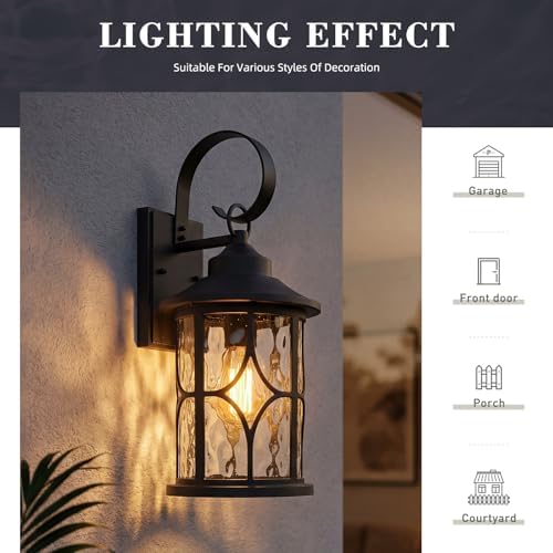 zeyu 19.5 Inch Outdoor Wall Lamp, 1-Light Large Outdoor Wall Lighting for House Porch, Die-Cast Aluminum in Black Finish, Water Ripple Glass, ZX111B-M BK-WG - Image 4