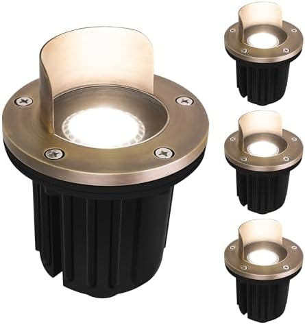 GKOLED 4 Pack, LED Brass Well Lights, 12V IP67 Waterproof Outdoor In Ground Light with MR16 Bulb and Swival Base, Low Voltage Landscape Lighting, 5W 2700K, Up Light for Garden Tree Bushe, Shielded Top by GKOLED