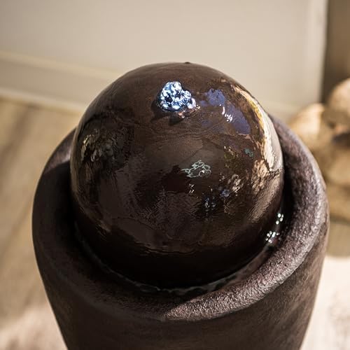 XBrand 25.98" H Brown Round Stone Indoor/Outdoor Modern Sphere Water Fountain with LED Lights – Ball Bubbling Fountain Décor for Garden, Patio, or Tabletop - Image 3