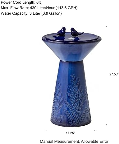 Glitzhome 27.5"H Outdoor Garden Water Fountain with LED Lights and Pump, Cobalt Blue Two Birds Embossed Plant Pattern Pedestal Ceramic Floor-Standing Fountain for Porch Deck Patio Backyard Decoration - Image 2