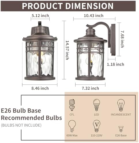 Darkaway Outdoor Wall Light Fixture,2pcs 14.57inch Large Outside Porch Lights Wall Mounted Water Ripple Glass Exterior Waterproof Lantern Modern Wall Sconce Lighting for House - Image 3