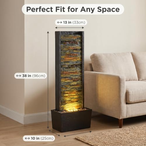 38 Inch Tall Indoor Water Fountain, Staggered Stone Wall Waterfall Fountain with LED Lights, Relaxing Ambience Water Feature for Living Room Bedroom Office Garden Yard, Home Decor - Image 6