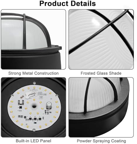 8 Inch Black Round Bulkhead LED Light Set of 2,Nautical Outdoor Lights Black Round LED Sauna Light 3000K,1500LM,15W Outdoor 8" Nautical Bulkhead Wall Lights - Image 5